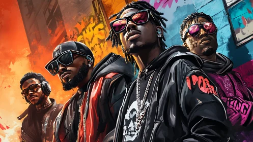 Urban hip hop crew in bold neon graffiti streetscape.