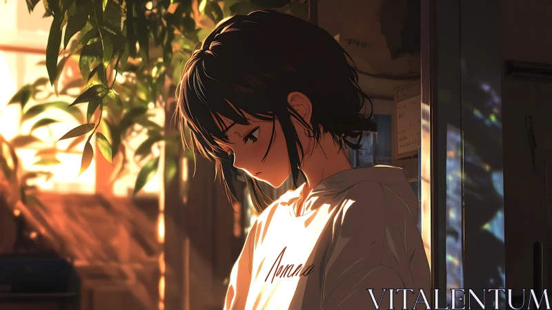 Girl stands in warm window light, looking down calmly