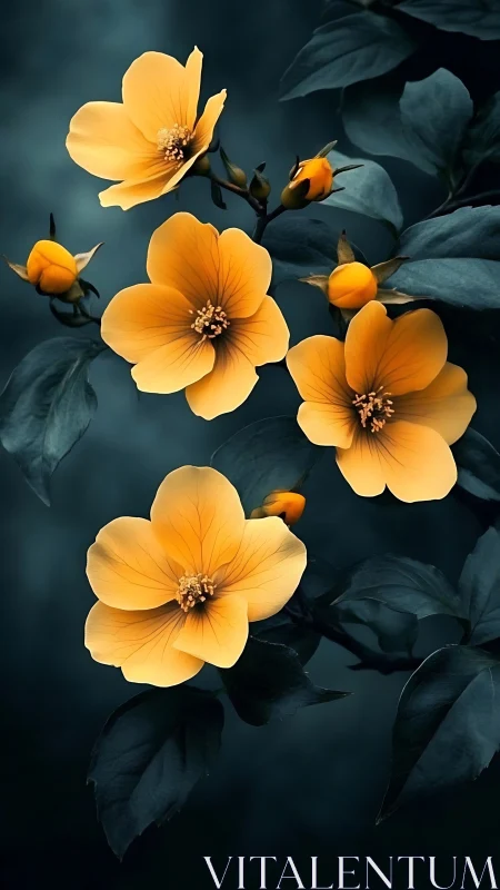 Yellow flowers with dark foliage against teal background