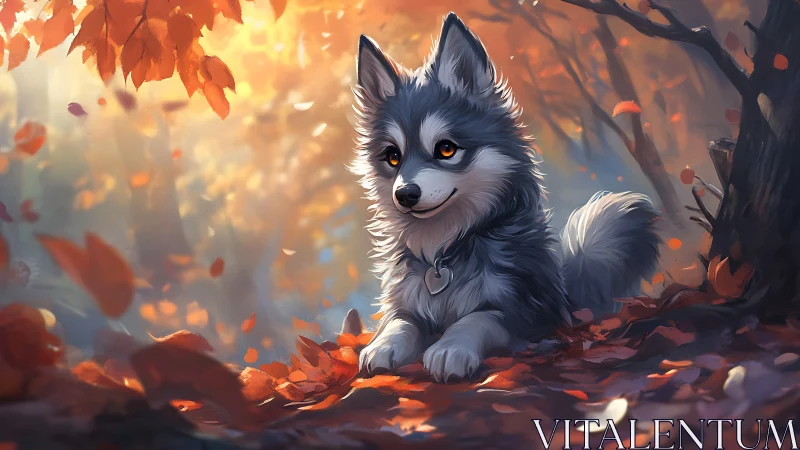 Autumn forest scene shows stylized fluffy dog under warm bokeh light