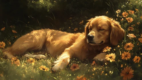 Golden retriever resting in sunlit wildflower meadow digital painting