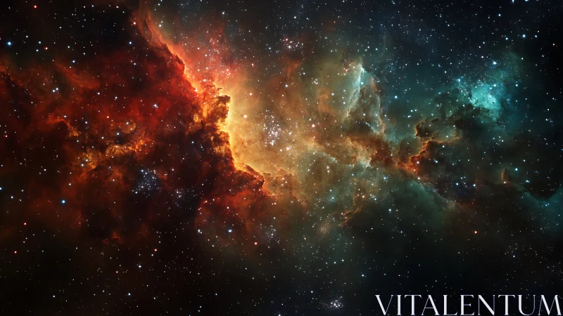 Vast star-filled nebula glows with fiery reds and cool blues