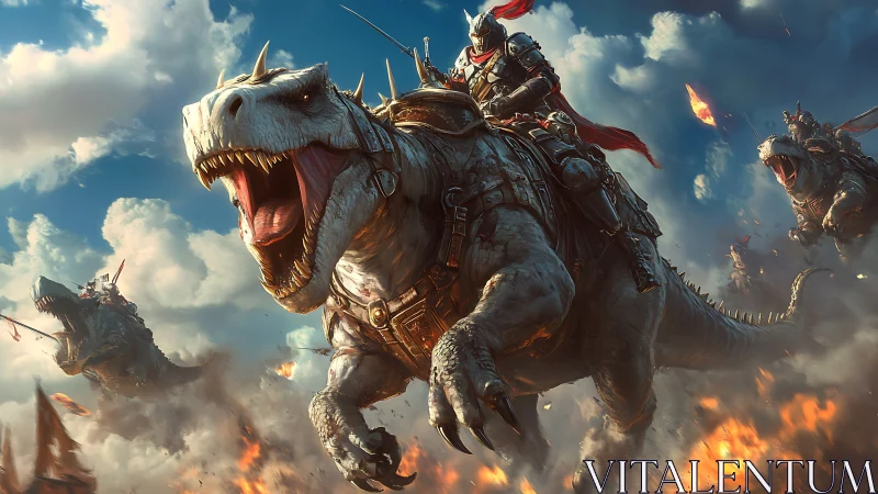 Armored knights charging battlefield atop war dinosaurs.