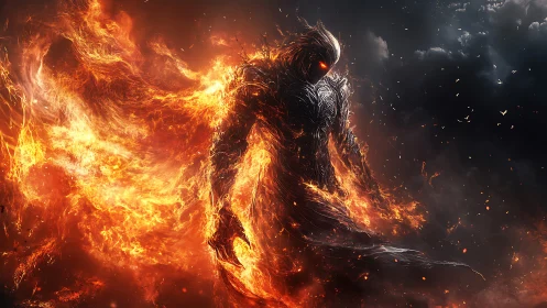 Humanoid fiery entity with molten armor in dark environment.