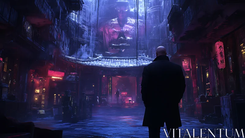 Mysterious wanderer in neon drenched cyberpunk temple street.