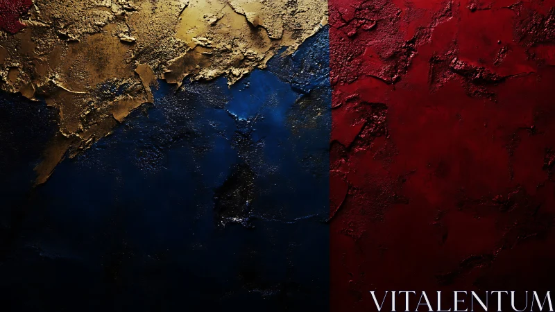 Textured gold blue red triptych contrasts metallic depth.