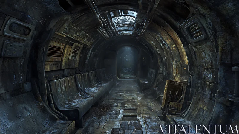 Derelict underground transit tunnel with corroded metal walls.