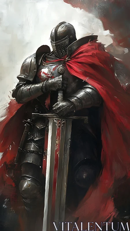 Heavily armored knight with red cape grips bloodstained longsword