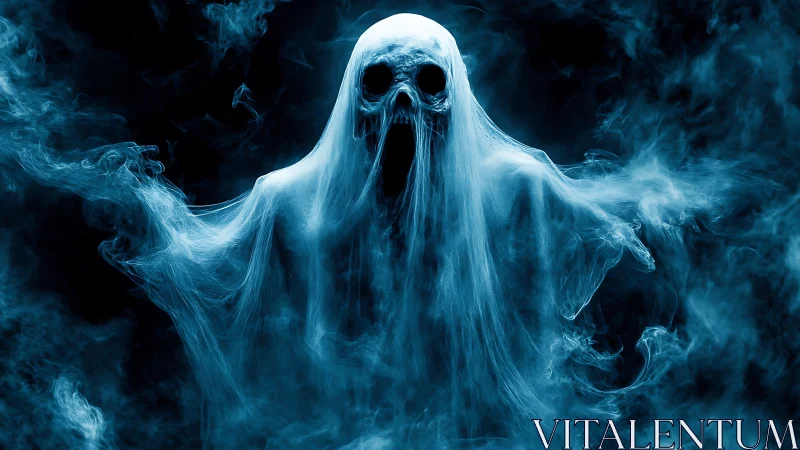 Eerie blue ghost drifting in swirling midnight mist.