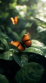 Luminous orange butterfly resting on rain-kissed jungle leaves.