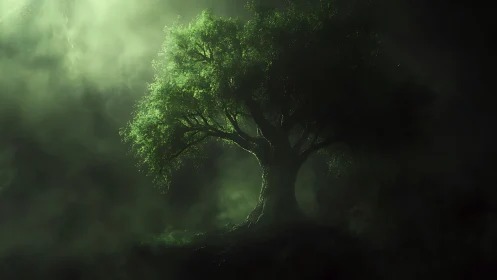 Solitary green tree emerging through dense atmospheric mist.