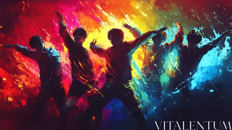 Fluid silhouettes dancing through fiery and icy light streams.