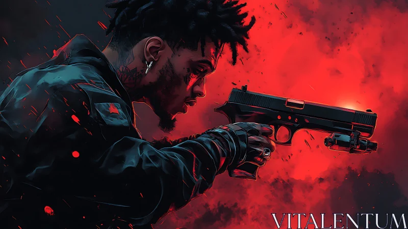 Brooding gunman in neon red smoke, cinematic digital art.