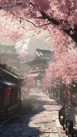 Sakura stoneway to a quiet temple crowned in drifting petals.