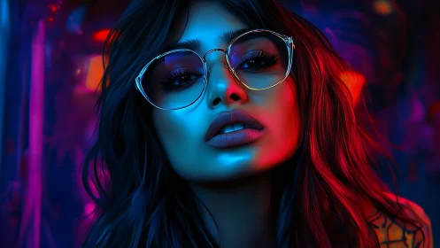 Female portrait in neon lighting with reflective glasses.