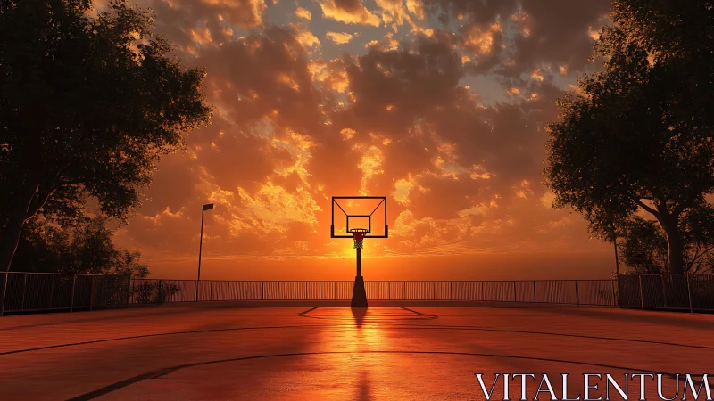 Outdoor court backboard aligns with low sun near horizon