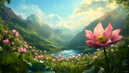 Wide depth-of-field lotus valley framed by snowcapped mountains