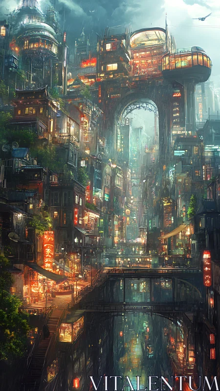 Neon drenched cyberpunk city glows through a rainy night