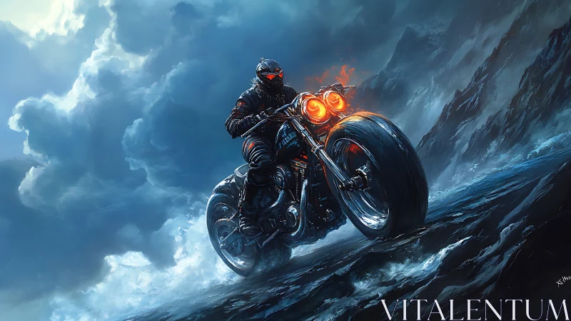 Motorcyclist on flame-lit bike in stormy mountainous terrain.