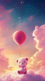 Teddy bear drifts through cotton-candy skies at sundown.