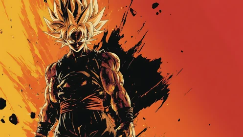 Spiky haired warrior in orange blast background artwork.