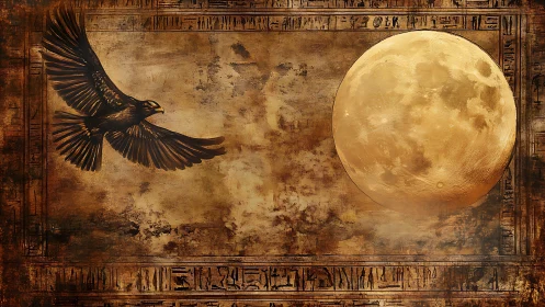 Corvid lunar transit within archaic hieroglyphic frame plane.