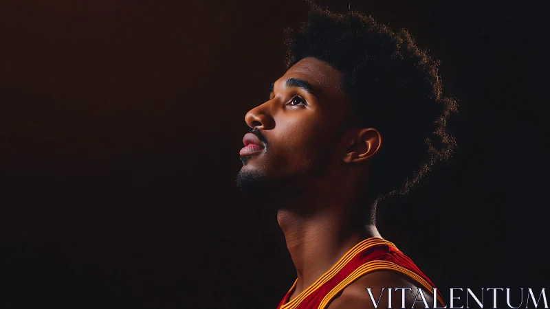 Basketball player profile under dramatic studio spotlight.