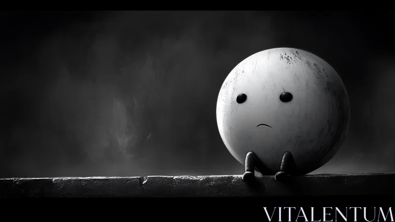 Lonely round character sits in moody monochrome space.
