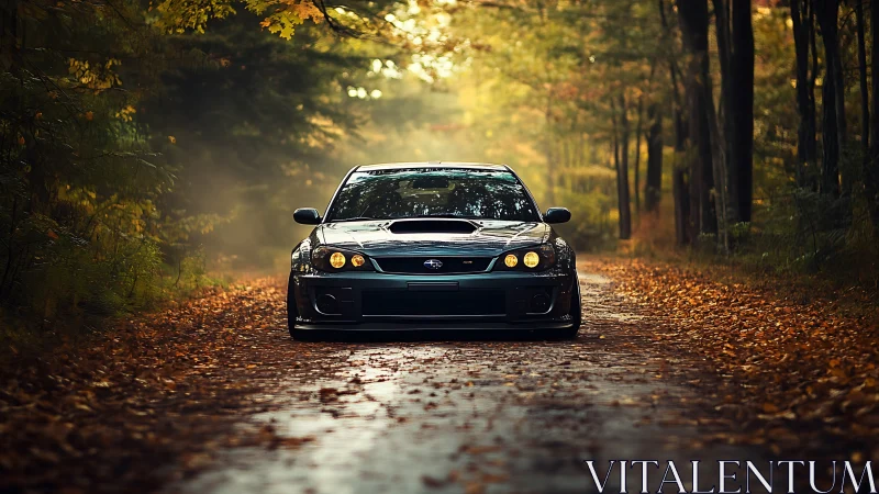 Subaru performance sedan cuts through misty autumn forest road.