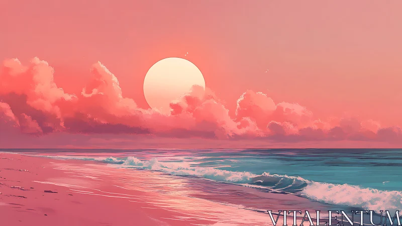 Radiant pastel sunset over tranquil shoreline waves.