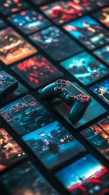 Gaming controller displayed among illuminated mobile devices.