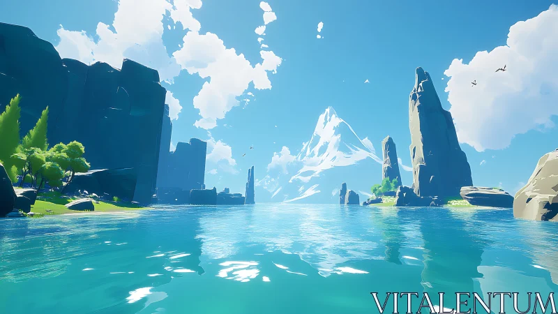 Crystalline Alpine Fjord with Towering Rock Formations and Snow-Capped Peak.