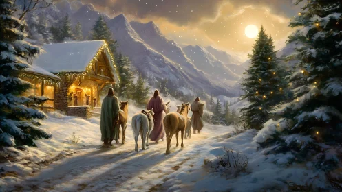Snowy alpine nativity caravan under moonlit atmospheric depth