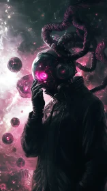 Cosmic wanderer communes with glowing void orbs in neon haze