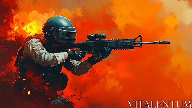 Combat operator advancing through explosive orange firestorm.