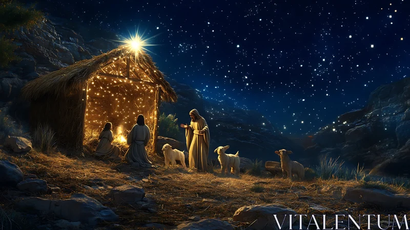 Nativity scene at night with illuminated manger and star.