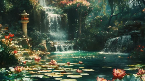 Lotus-kissed waterfall garden glowing in quiet daylight.