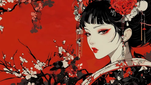 Portrait of stylized woman in kimono with red florals.