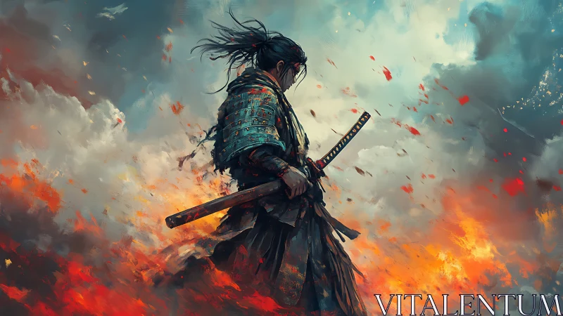 Samurai warrior stands amid blazing storm of embers.