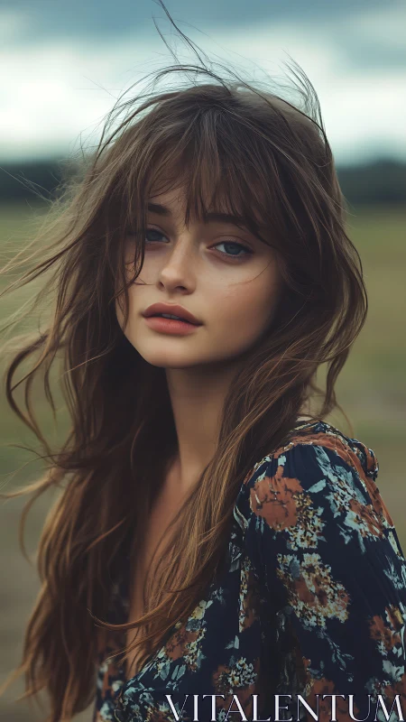 Wind-kissed daydream with soft gaze and wild meadow hair.