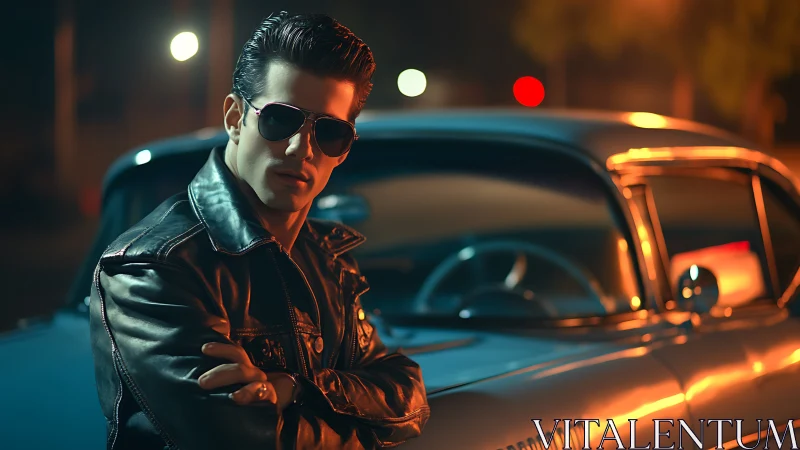 Man in leather jacket beside vintage car at night street.