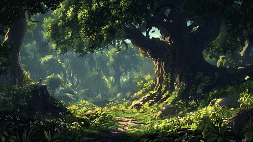 Ancient Forest Interior with Canopy Illumination and Dense Vegetation.