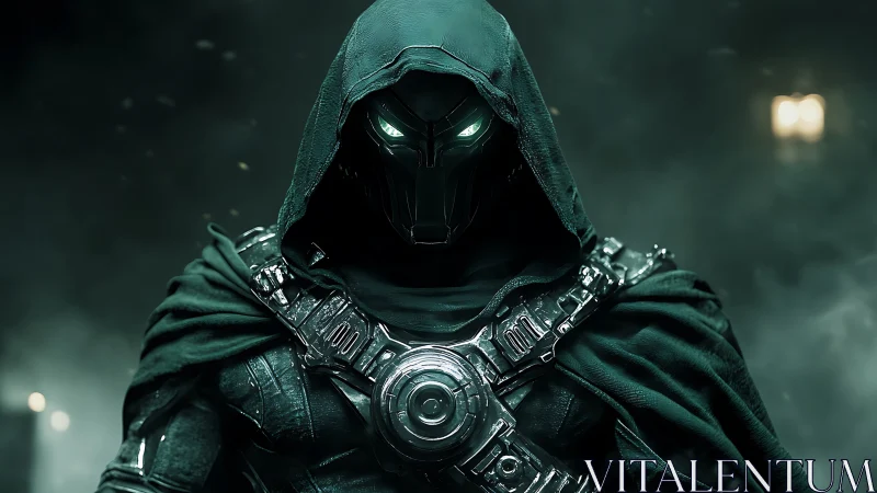 Armored hooded figure glares through neon shadows of war