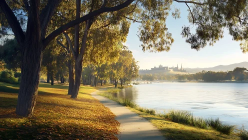 Sunlit lakeside path leads toward distant hillside castle