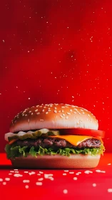 Cheeseburger explodes with color on bold red backdrop.