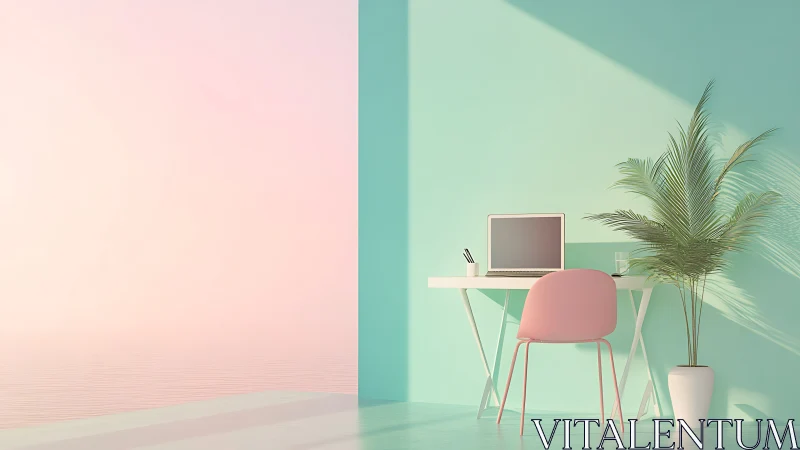 Pastel coastal workspace with mint wall and pink chair.