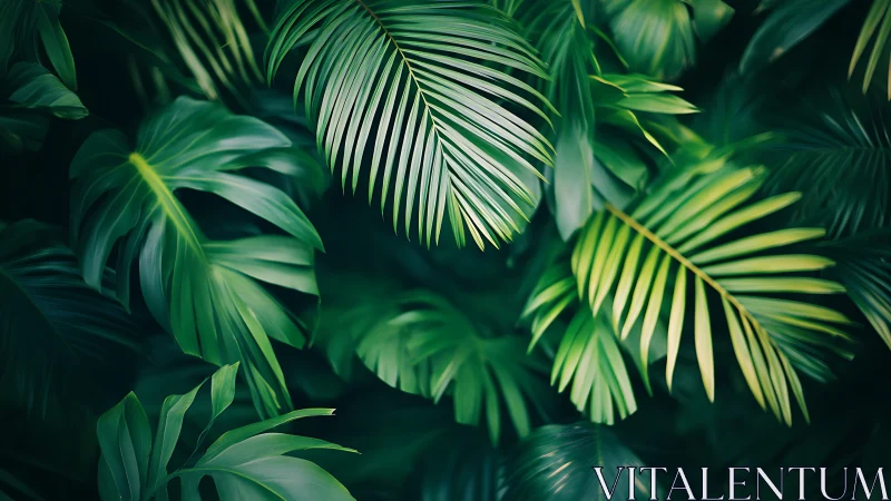 Lush tropical palm leaves inviting you into calm green shade.