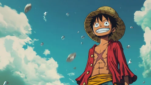 Sunny sky dreamer in a straw hat grinning toward tomorrow.