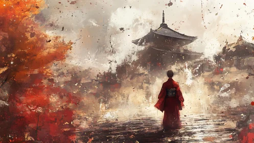 Autumn kimono figure before misted pagoda, dynamic brushwork.