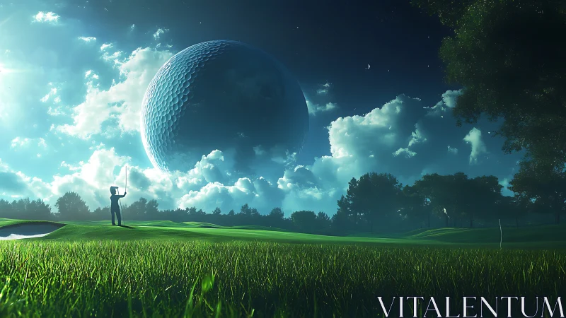 Surreal golf course under colossal dimpled planetary sphere